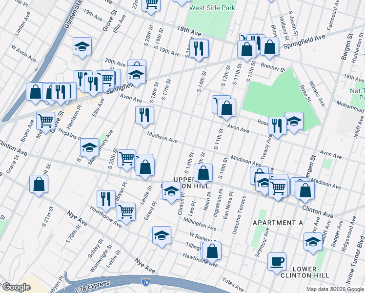 map of restaurants, bars, coffee shops, grocery stores, and more near 846 South 15th Street in Newark
