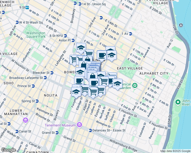 map of restaurants, bars, coffee shops, grocery stores, and more near 133 East 4th Street in New York