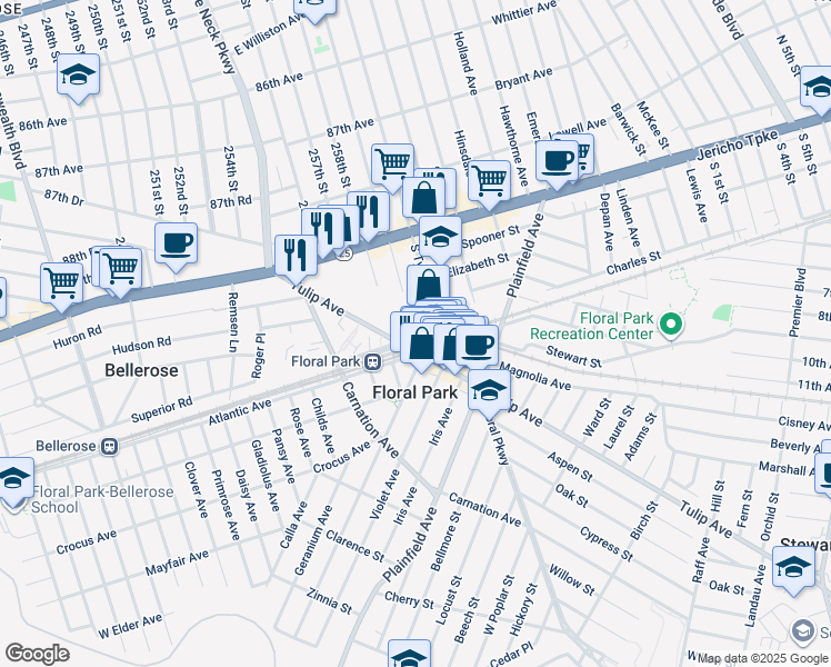 map of restaurants, bars, coffee shops, grocery stores, and more near 889 Caroline Place in Floral Park