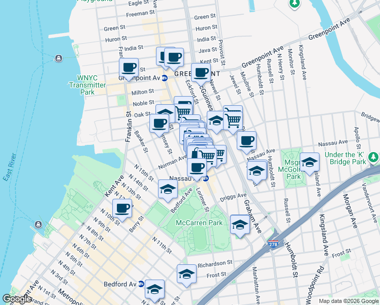 map of restaurants, bars, coffee shops, grocery stores, and more near 680 Manhattan Avenue in Brooklyn