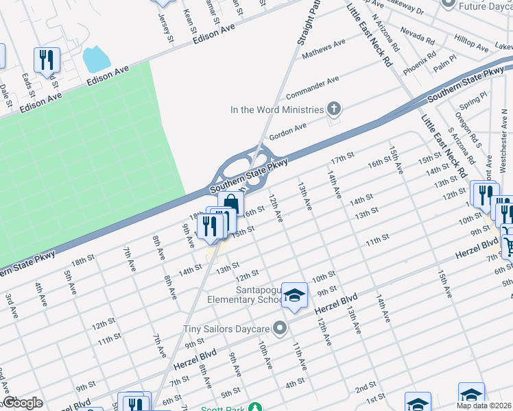 map of restaurants, bars, coffee shops, grocery stores, and more near 244 16th Street in West Babylon