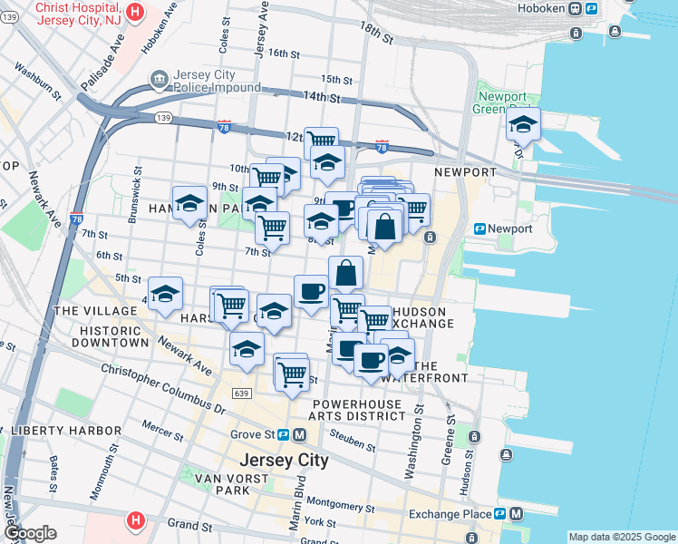 map of restaurants, bars, coffee shops, grocery stores, and more near 1135 Marin Boulevard in Jersey City