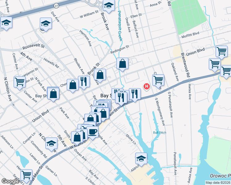 map of restaurants, bars, coffee shops, grocery stores, and more near 25 1st Avenue in Bay Shore