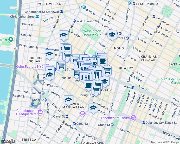 map of restaurants, bars, coffee shops, grocery stores, and more near 170 Mercer Street in New York