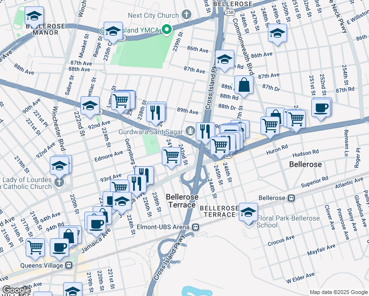 map of restaurants, bars, coffee shops, grocery stores, and more near 92-36 242nd Street in Queens