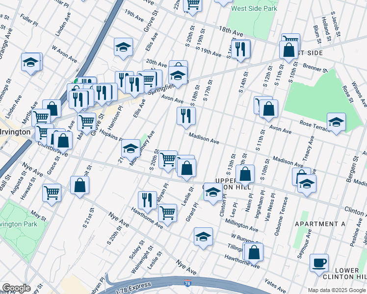 map of restaurants, bars, coffee shops, grocery stores, and more near 896 South 18th Street in Newark