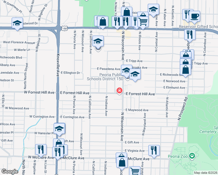 map of restaurants, bars, coffee shops, grocery stores, and more near 703 East Forrest Hill Avenue in Peoria