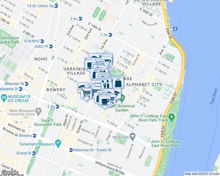 map of restaurants, bars, coffee shops, grocery stores, and more near 154 East 7th Street in New York