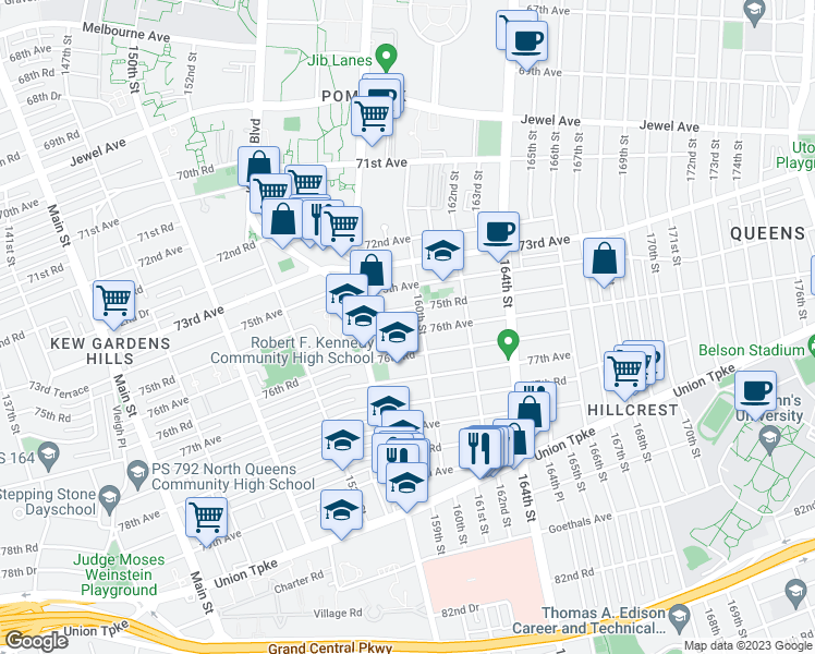 map of restaurants, bars, coffee shops, grocery stores, and more near 158-43 76th Avenue in Queens