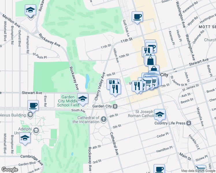 map of restaurants, bars, coffee shops, grocery stores, and more near 45 7th Street in Garden City
