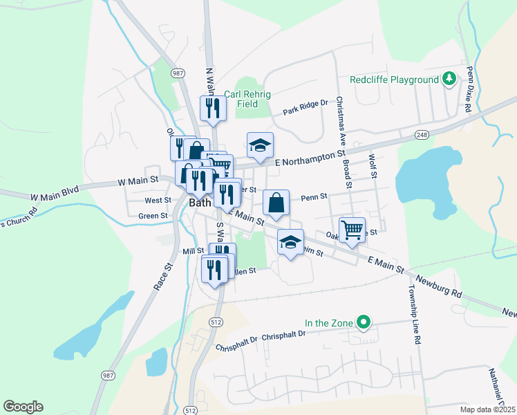 map of restaurants, bars, coffee shops, grocery stores, and more near 216 Penn Street in Bath