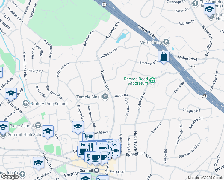 map of restaurants, bars, coffee shops, grocery stores, and more near 37 Ridge Road in Summit
