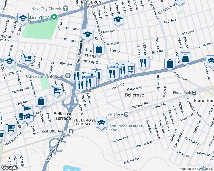map of restaurants, bars, coffee shops, grocery stores, and more near 22 Huron Road in Floral Park