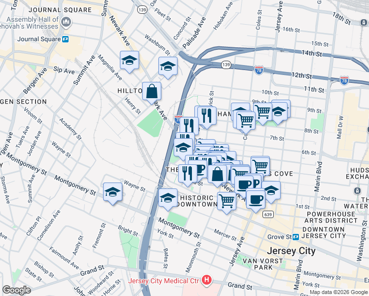 map of restaurants, bars, coffee shops, grocery stores, and more near 351 Newark Avenue in Jersey City
