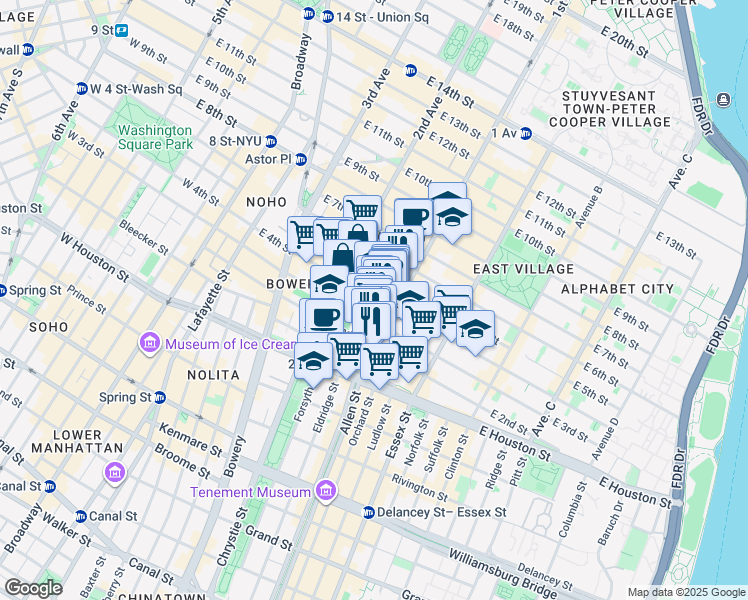 map of restaurants, bars, coffee shops, grocery stores, and more near 57 1st Avenue in New York