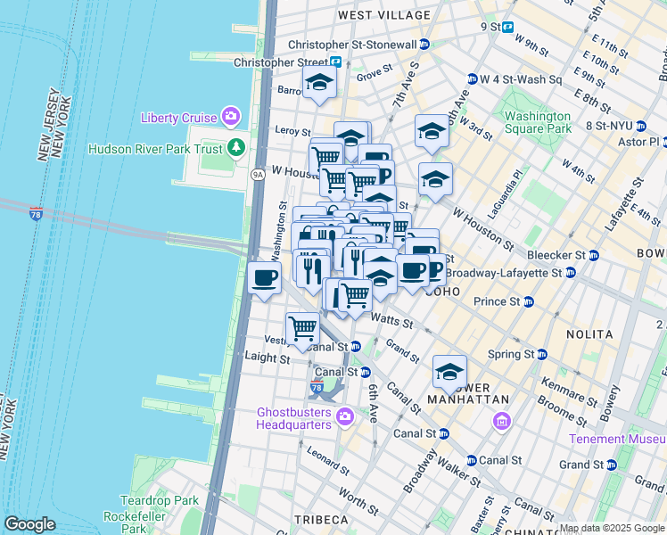 map of restaurants, bars, coffee shops, grocery stores, and more near 38 Dominick Street in New York