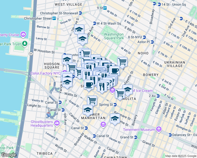map of restaurants, bars, coffee shops, grocery stores, and more near 120 Wooster Street in New York