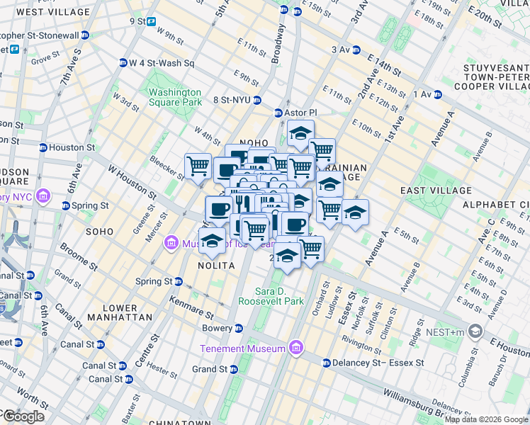 map of restaurants, bars, coffee shops, grocery stores, and more near 1 East 2nd Street in New York