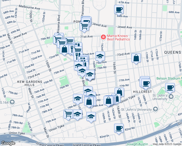 map of restaurants, bars, coffee shops, grocery stores, and more near 158-39 76th Avenue in Queens