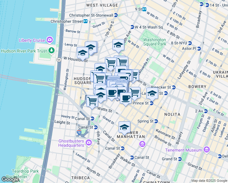 map of restaurants, bars, coffee shops, grocery stores, and more near 97 Sullivan Street in New York