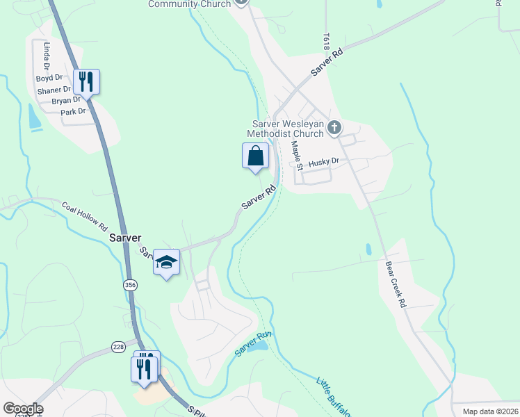 map of restaurants, bars, coffee shops, grocery stores, and more near Butler-Freeport Community Trail in Sarver