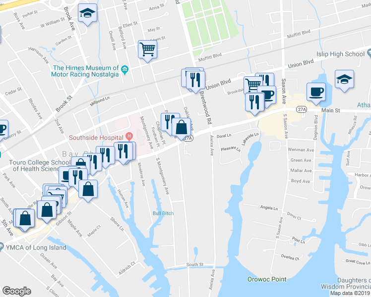 map of restaurants, bars, coffee shops, grocery stores, and more near 5 Penataquit Avenue in Bay Shore