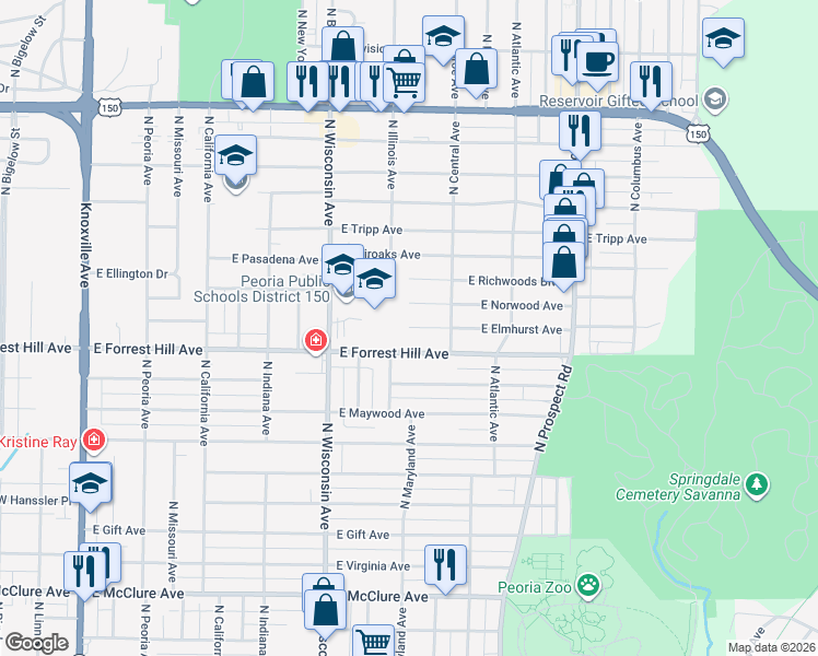 map of restaurants, bars, coffee shops, grocery stores, and more near East Elmhurst Avenue in Peoria