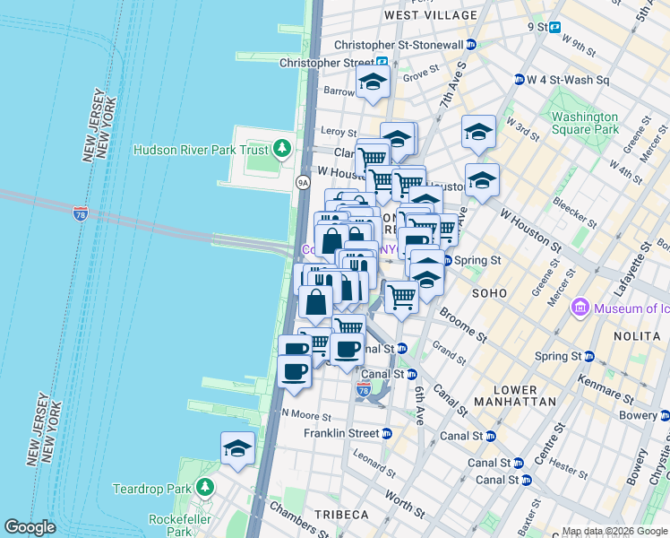 map of restaurants, bars, coffee shops, grocery stores, and more near 471 Washington Street in New York