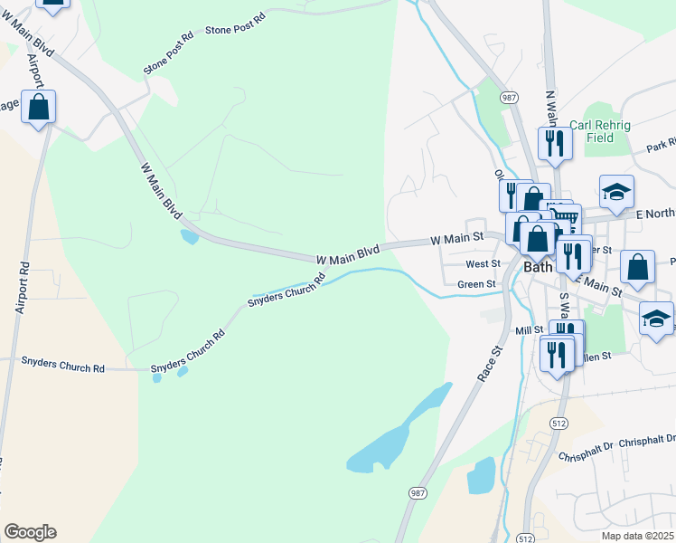 map of restaurants, bars, coffee shops, grocery stores, and more near 6436 Snyders Church Road in Bath