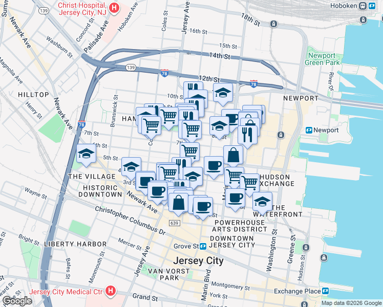 map of restaurants, bars, coffee shops, grocery stores, and more near 104 Erie Street in Jersey City