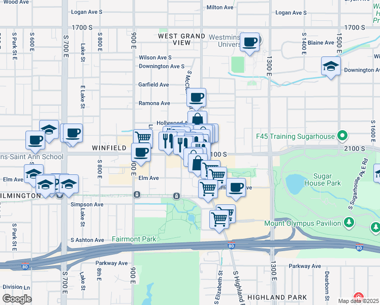 map of restaurants, bars, coffee shops, grocery stores, and more near 1048 East 2100 South in Salt Lake City