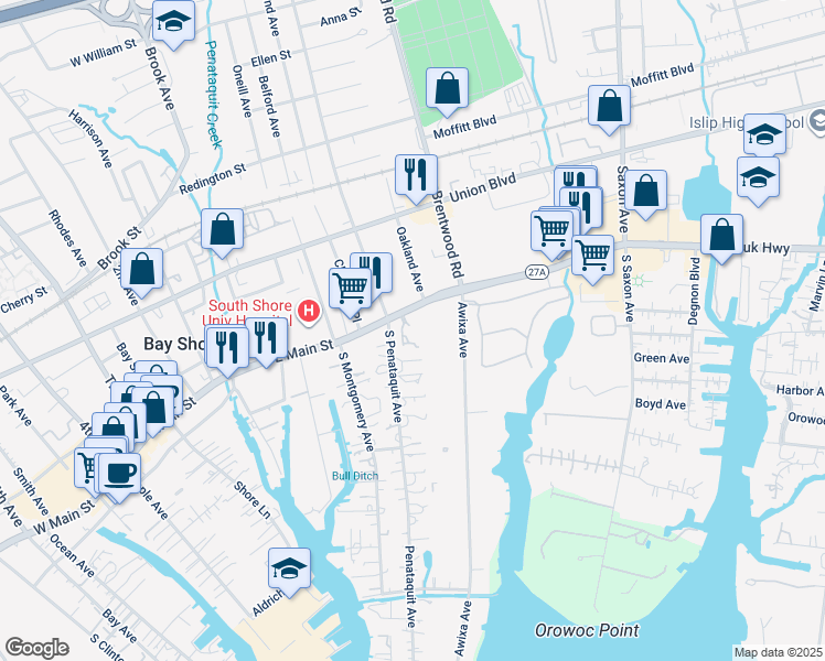 map of restaurants, bars, coffee shops, grocery stores, and more near 7 Villa Prm in Bay Shore