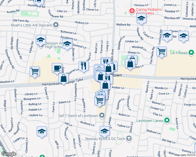 map of restaurants, bars, coffee shops, grocery stores, and more near 3270 Hempstead Turnpike in Levittown