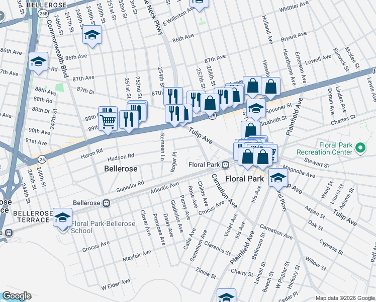 map of restaurants, bars, coffee shops, grocery stores, and more near 27 Roger Place in Floral Park