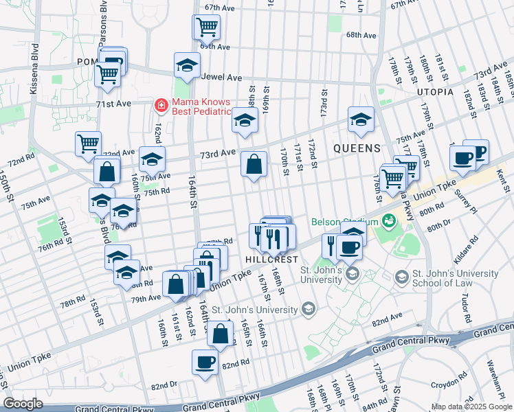 map of restaurants, bars, coffee shops, grocery stores, and more near 76-41 167th Street in Queens