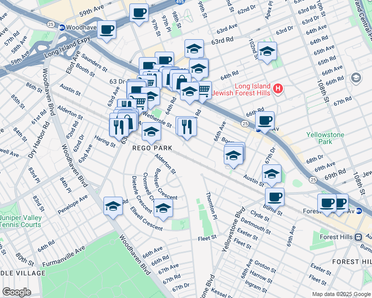 map of restaurants, bars, coffee shops, grocery stores, and more near 65-50 Austin Street in Queens