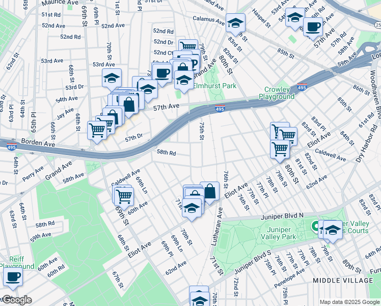 map of restaurants, bars, coffee shops, grocery stores, and more near 58-39 74th Street in Queens