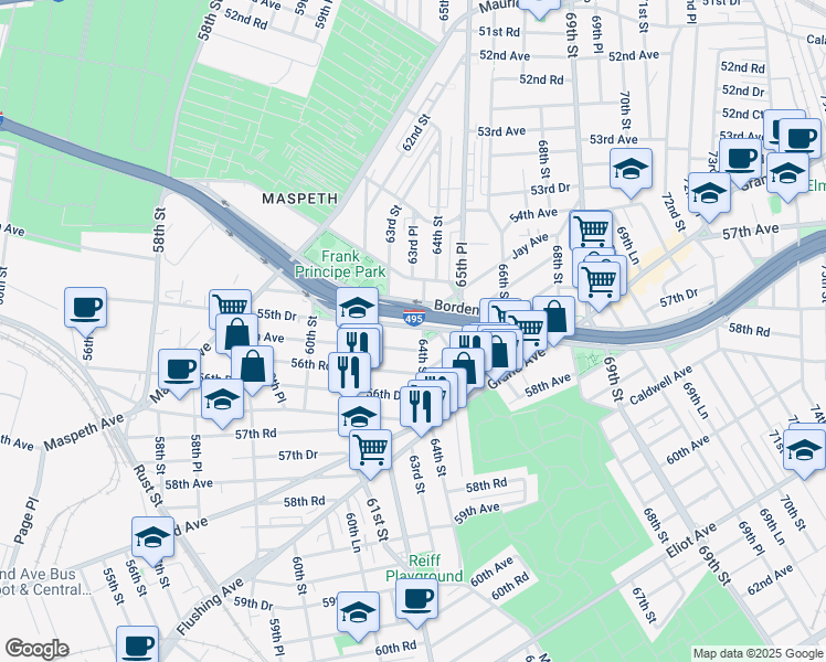 map of restaurants, bars, coffee shops, grocery stores, and more near 55-70 64th Street in Queens