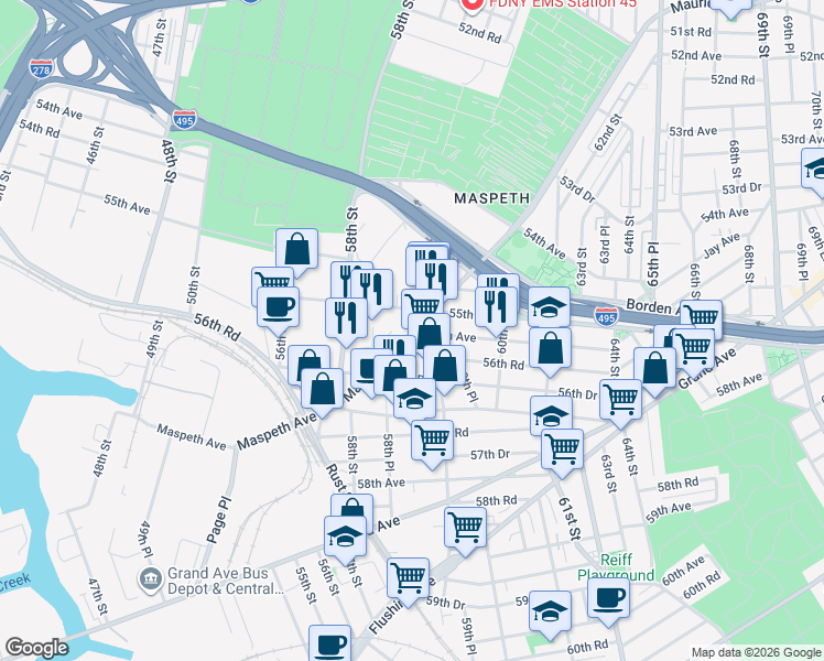 map of restaurants, bars, coffee shops, grocery stores, and more near 56-20 59th Street in Queens
