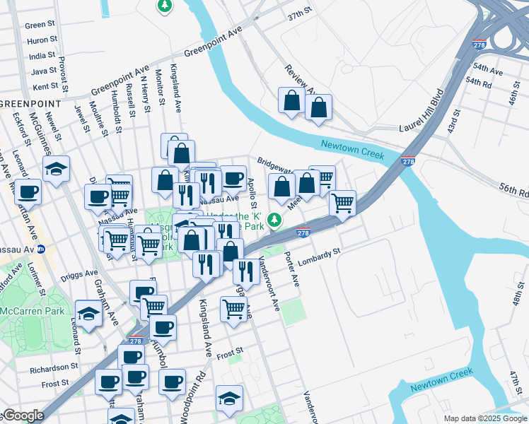 map of restaurants, bars, coffee shops, grocery stores, and more near 812 Meeker Avenue in Brooklyn