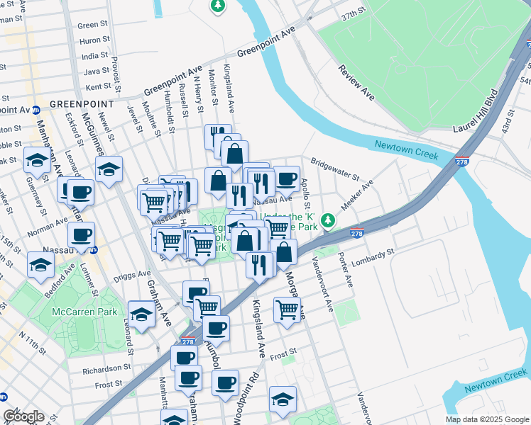 map of restaurants, bars, coffee shops, grocery stores, and more near 61 Sutton Street in Brooklyn