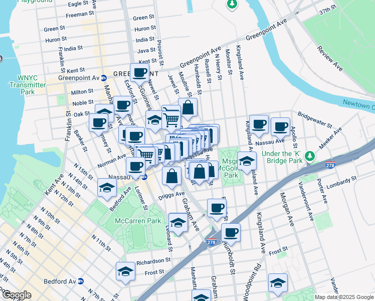 map of restaurants, bars, coffee shops, grocery stores, and more near 147 Nassau Avenue in Brooklyn