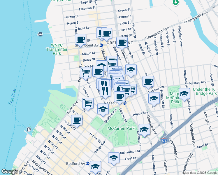 map of restaurants, bars, coffee shops, grocery stores, and more near 62 Norman Avenue in Brooklyn