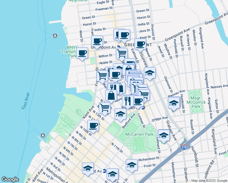 map of restaurants, bars, coffee shops, grocery stores, and more near 33 Norman Avenue in Brooklyn