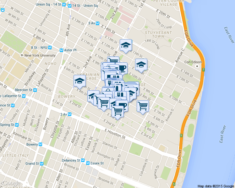 map of restaurants, bars, coffee shops, grocery stores, and more near 518 East 6th Street in New York