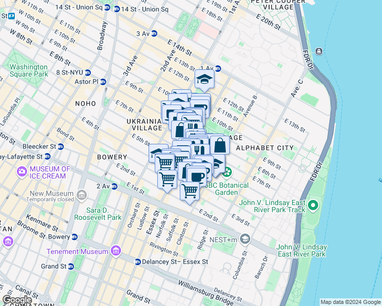 map of restaurants, bars, coffee shops, grocery stores, and more near 518 East 6th Street in New York