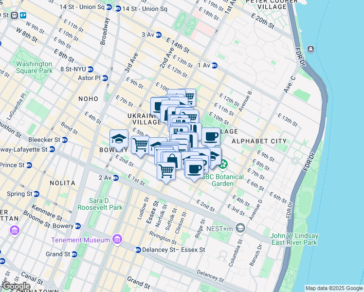 map of restaurants, bars, coffee shops, grocery stores, and more near 79 Avenue A in New York