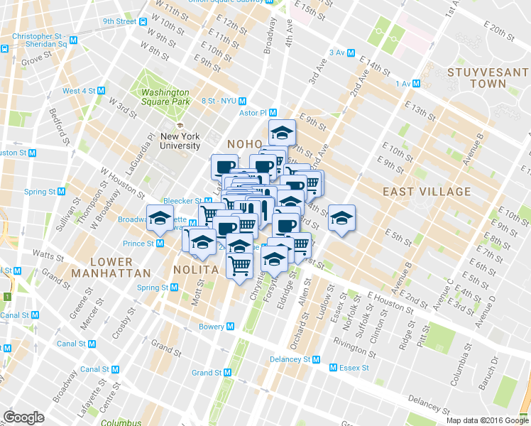map of restaurants, bars, coffee shops, grocery stores, and more near 10 East 2nd Street in New York