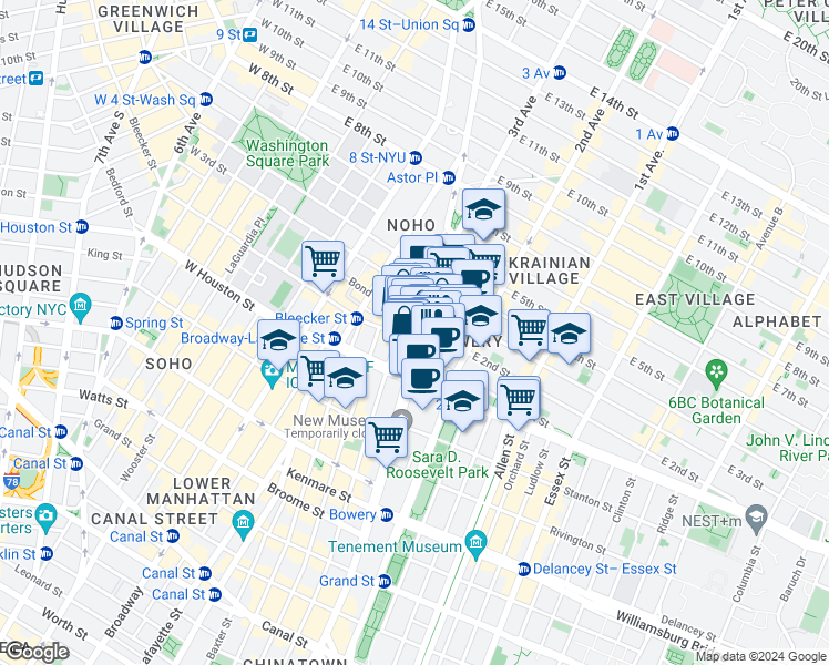 map of restaurants, bars, coffee shops, grocery stores, and more near 305 Bowery in New York
