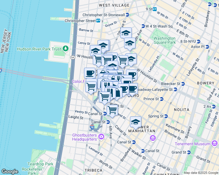 map of restaurants, bars, coffee shops, grocery stores, and more near 122 Varick Street in New York